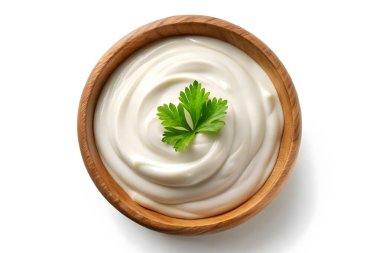 Kremalı yoğurt, ahşap kaseye batır, daldırmak için mükemmel.