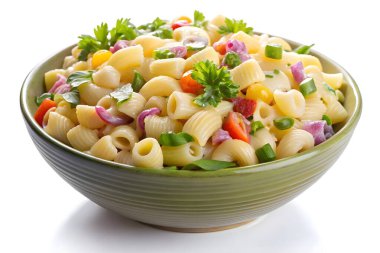 Canlı yeşil kasede lezzetli makarna salatası..