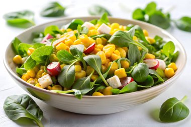 Feta ve turplu lezzetli mısır ve ıspanak salatası.