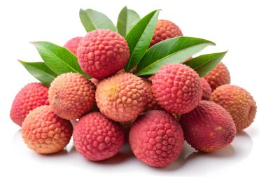 Beyaz Arkaplanda Yeşil Yapraklı Taze Lychees