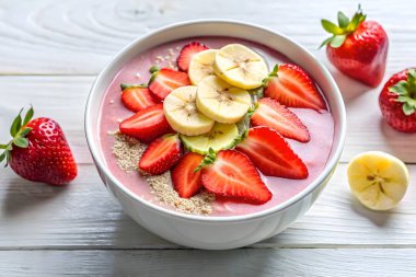 Lezzetli Çilek ve Muz Smoothie Kasesi Beyaz Tahta Masa üzerinde
