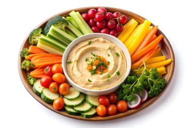 Sağlıklı bir atıştırmalık için humus soslu renkli sebze tabağı.