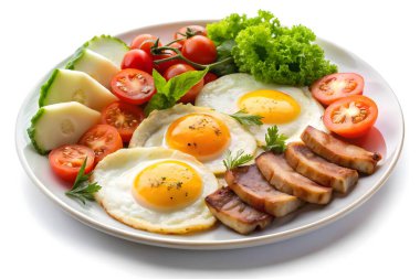 Yumurta, pastırma ve sebzeli lezzetli ve sağlıklı kahvaltı tabağı.