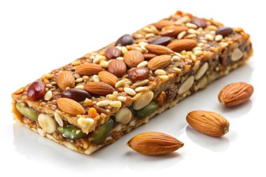 Fındık ve çekirdekli sağlıklı bir granola barına yakın çekim..