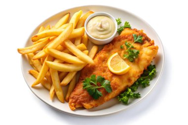 Beyaz tabakta balık ve patates kızartması.