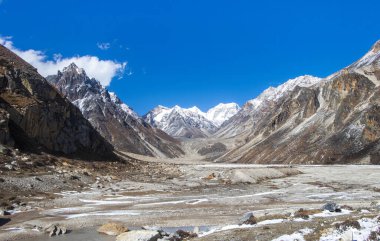 Kanchenjunga 'nın Nepal' deki ana kamp gezisi sırasında Lonak 'tan çekilen manzara manzarası. Lonak Nehri' nin ana kaynağı burası..