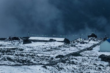 Karla kaplı yüksek rakımlı bir yerleşim yeri, dağlardaki izolasyon ve macerayı temsil eden dua bayrakları ve engebeli araziler..