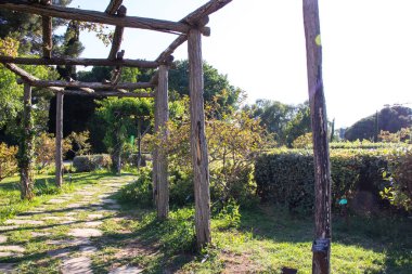 Gül bahçeli güzel El Parque de Servantes, Barcelona, İspanya 'da Park Hizmetkarları