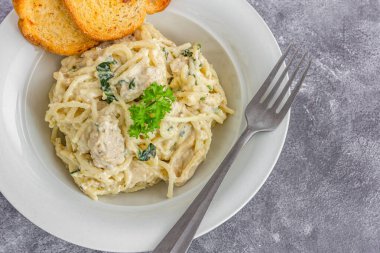 Chicken Spaghetti Pasta in a Bowl, Mediterranean Food Photography