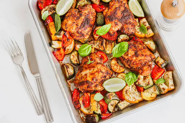 Tavuklu ve sebzeli fırın tepsisi aşağı fotoğraf.