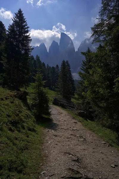 Dağlarda kirli bir patika. Arkasında bir dağ var.