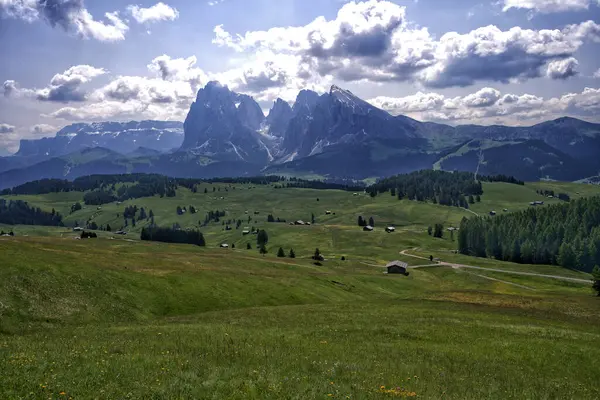 Arkasında dağ olan yeşil bir alan.