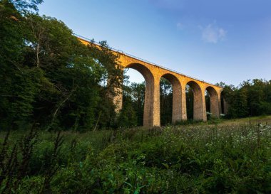 Bir viyadük ile yeşil yaz akşamı manzarası