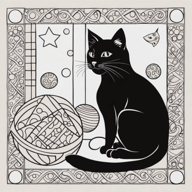 Şirin kedi resimleri olan çocuklar için çizim tasarımı. Siyah çizgi. Tek çizim.