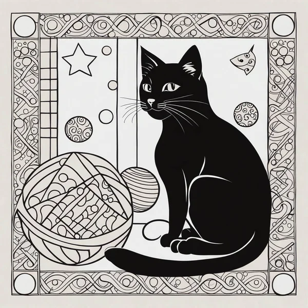 Şirin kedi resimleri olan çocuklar için çizim tasarımı. Siyah çizgi. Tek çizim.