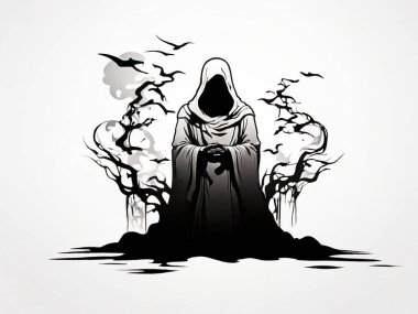 Beyaz arkaplanı olan hayalet siluet vektörünün cadısı