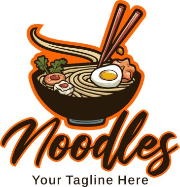 İçinde et, yumurta ve yeşil sebzeler olan bir kasede ramen eriştesi logosu.