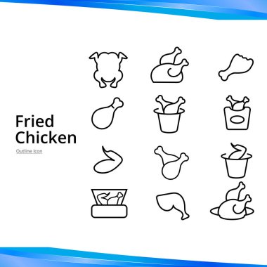 Vektör ana hatlı kızarmış tavuk ikonu ayarlandı. Beslenme çantası.