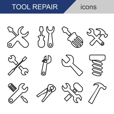 Onarım konsepti düzenlenebilir çizgi ana simgesi beyaz arkaplan düz vektör illüstrasyonunda izole edildi.