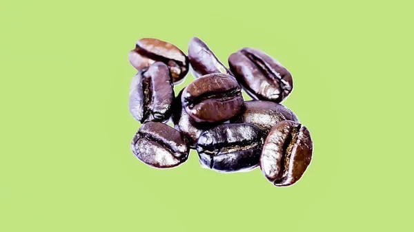 kahve çekirdeği, orta, koyu, siyah, kahverengi, yakın çekim, makro, yeşil arkaplan, izole edilmiş
