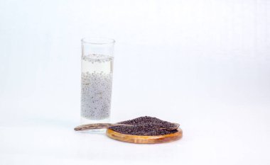 Ocimum sitriodourum, ağarmış fesleğen, limon fesleğeni, düz bir tepside ve ıslak tohumlarla dolu berrak bir bardakta ve beyaz arka planda ahşap bir kaşık, izole edilmiş.