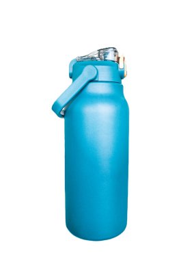 Çeşitli içecekler tutmak için su şişeleri Isıyı ya da soğuğu mavi, beyaz arka planda tutar.