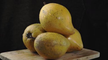 Canistel meyvesinin (Pouteria campechiana) karanlık arka planda yavaşça dönen videosu. Sarı deri ve su damlacıkları onun tropikal tazeliğini vurgular..