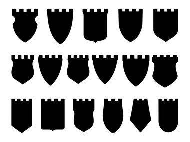 Bir kalkan seti. Kalkan, rozet, sembol, aile sembolü yaratmak için amblem. Koruma simgesi