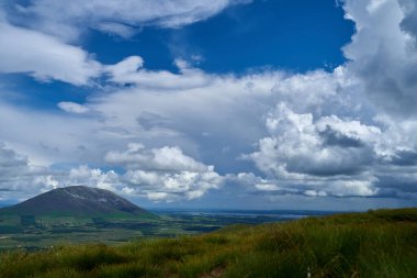 Cumulus or cluster clouds moving over a field with blue sky background in sunny weather in a wide angle shot. High quality photo clipart