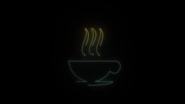 Siyah arkaplanda parlayan neon çay ikonu. Güzel kokulu çay. Hareket grafikleri ve birleşikliği için 4K video animasyonu.