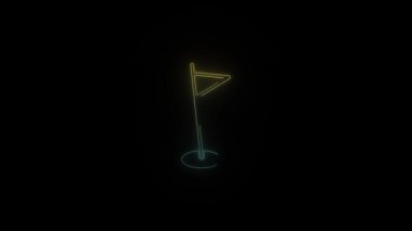 Siyah arkaplanda parlayan neon bayrak simgesi. Golf elementleri. Hareket grafikleri ve birleşikliği için 4K video animasyonu.