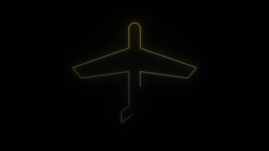 Siyah arkaplanda parlayan neon uçak simgesi. Kıtalar arası hareket. Hareket grafikleri ve birleşikliği için 4K video animasyonu.