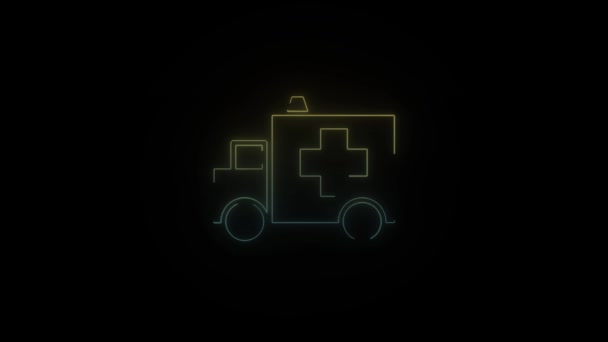 Glowing Neon Ambulance Icon Black Background Medical Transport Video Animation — Stock Video