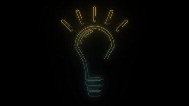 Siyah arkaplanda parlayan neon ampul simgesi. İş görüşmesi için bir fikir. Hareket grafikleri ve birleşikliği için 4K video animasyonu.