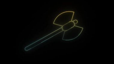 Siyah arkaplanda parlayan neon balta simgesi. Soğuk bir savaşçı silahı. Hareket grafikleri ve birleşikliği için 4K video animasyonu.
