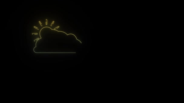 Brillante Neón Sol Detrás Del Icono Nube Fondo Negro Pronóstico — Vídeos de Stock