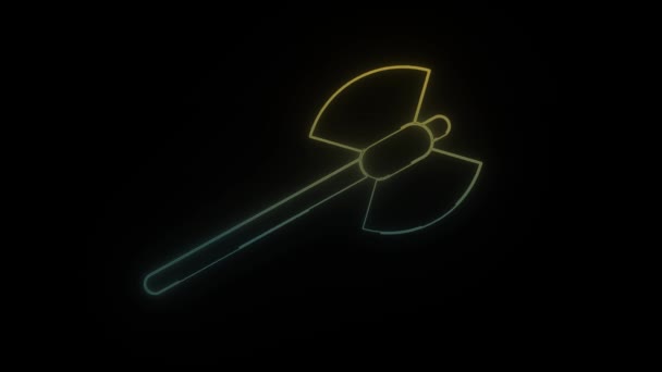 黒の背景にネオンの斧のアイコンを光る 冷たい戦士の武器だ モーショングラフィックスと合成のための4Kビデオアニメーション — ストック動画