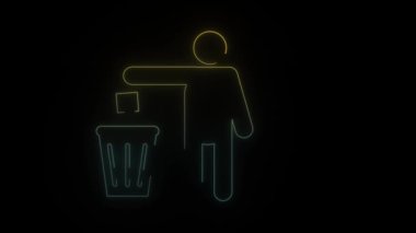 Parlayan neon adam siyah arka plandaki çöp ikonunu fırlatıyor. Çöp dağıtımı. Hareket grafikleri ve birleşikliği için 4K video animasyonu.