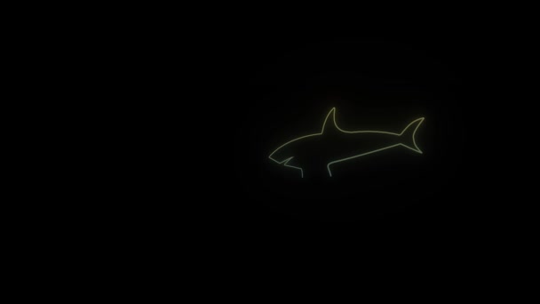 Glowing Neon Shark Icon Black Background Predator Water Video Animation — Stock Video