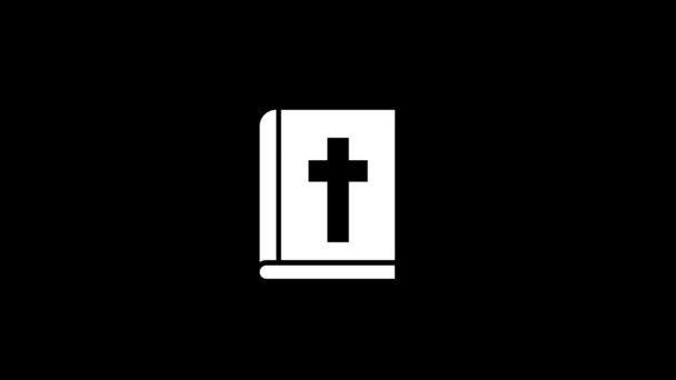 黒い背景に聖書の白いアイコン 聖なるキリスト教書 プロジェクトのダイナミックスタイル映像 モーショングラフィックスと合成のための4Kビデオアニメーション — ストック動画