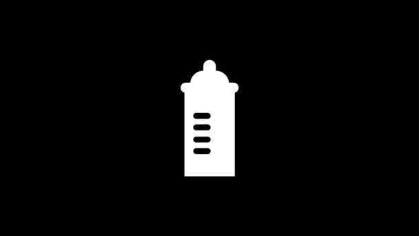 黒の背景に白い哺乳瓶のアイコン ベビーフードの道具 プロジェクトのダイナミックスタイル映像 モーショングラフィックスと合成のための4Kビデオアニメーション — ストック動画