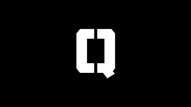 黒の背景にQの白いアイコン アメリカのアルファベット 英語で書かれています プロジェクトのダイナミックスタイル映像 モーショングラフィックスと合成のための4Kビデオアニメーション — ストック動画