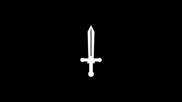 黑色背景上的白色剑图标 骑士的近战武器 您的项目的动态风格镜头 4K视频动画 用于运动图形和合成 — 图库视频影像