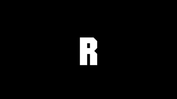 黒の背景にRの白いアイコン アメリカのアルファベット 英語で書かれています プロジェクトのダイナミックスタイル映像 モーショングラフィックスと合成のための4Kビデオアニメーション — ストック動画