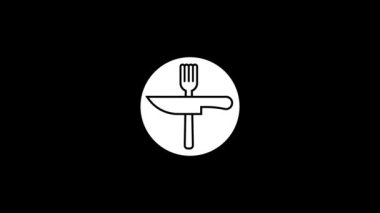 Siyah arka planda izole edilmiş çatal bıçak ikonu. Aile yemeği. Projeniz için dinamik tarzda görüntüler. Hareket grafikleri ve birleşikliği için 4K video animasyonu