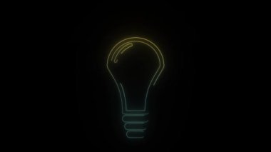 Siyah arkaplanda parlayan neon ampul simgesi. Işıklandırma. Hareket grafikleri ve birleşikliği için 4K video animasyonu.