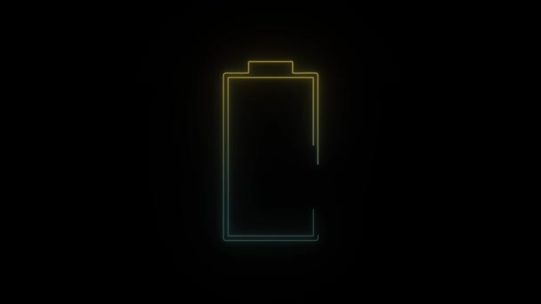 Leuchtendes Neon Akku Symbol Auf Schwarzem Hintergrund Entladetes Gerät Videoanimation — Stockvideo