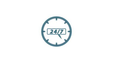 Merkezinde 24 7 işareti olan bir saatin animasyonu, durmaksızın ulaşılabilirliği ya da saat servisi etrafında olmayı simgeliyor.
