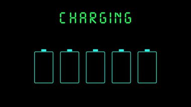 Parlayan neon etkiyle şarj olan beş ana hatlı pilin animasyonu ve üzerlerinde gösterilen şarj sözcüğü.