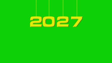 2027 'yi oluşturan animasyon sarı parmaklar parlak yeşil bir arkaplanda asılı duruyor. Yeni yıl ve gelecek temalı içerik için ideal..